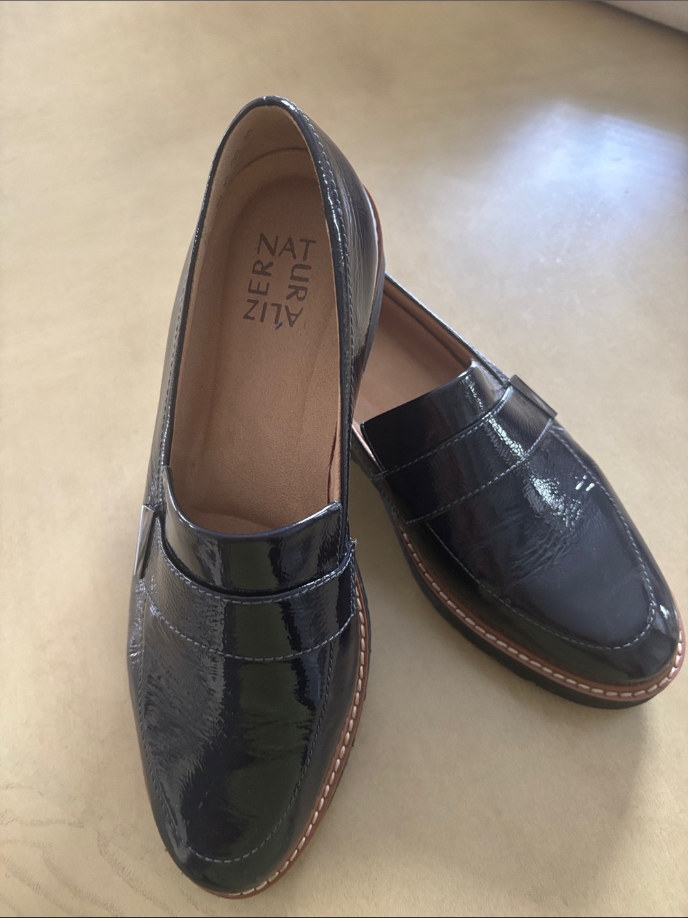Naturalizer Black Patent Loafers with Brown Trim